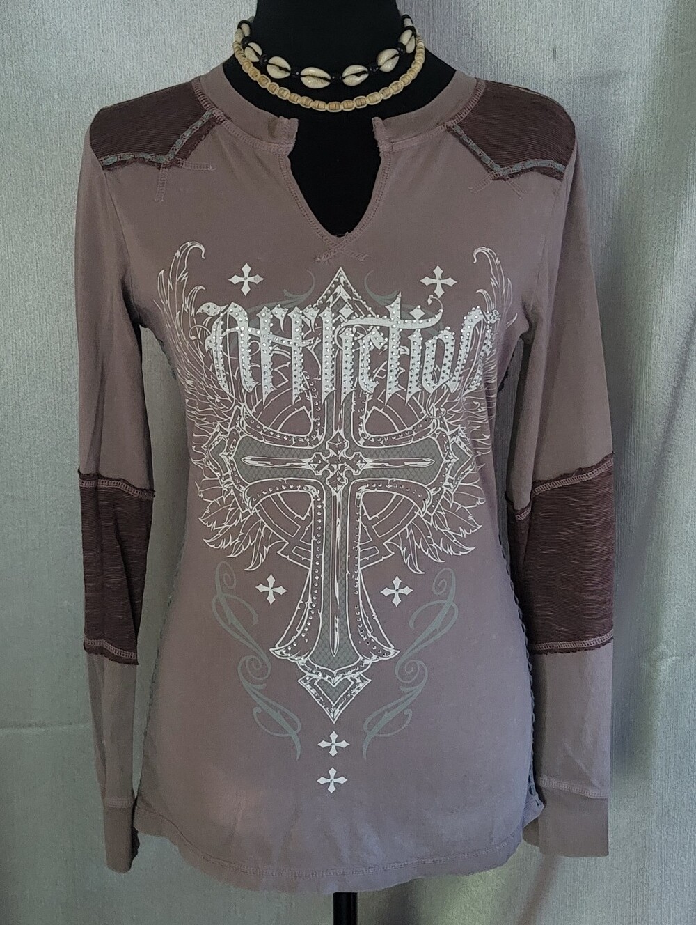 Affliction Women's Long-Sleeve Cross & Wings Top in Mauve and Dark Mauve